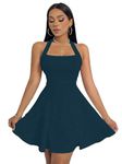 TIVANTE Solid Halter Neck Sleeveless Fit & Flared Mini Dress for Women (Medium, Dark Blue)