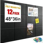 12 PCS Large Cork Boards Alternative，36”x48” Reusable Felt Wall Tile with 70 Pins,64 Safe and Removable Non-Marking Adhesives,Bulletin Boards for Walls, Office, Classroom，Living Room, Dartboard-Black