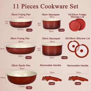 GiPP 11-Piece Ceramic Non-Stick Pots and Pans Set – Detachable Handle, Induction, Oven Safe, Red Gradient