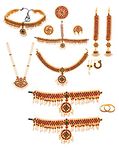 Usha Gold Plating Copper Multicolour Complete Set Bharatanatyam Jewellery with All The 10 Separate Ornaments Made with Green and Red Kemp Stones for Women