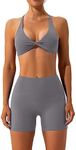 ABOCIW Workout Sets for Women 2 Piece Twist Front Halter Sports Bras High Waist Booty Shorts Exercise Gym Yoga Outfit, W-gray, Small