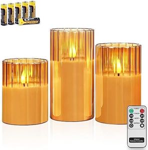 Rhytsing Gold Ribbed Glass Battery Operated LED Candles with Remote, Flameless Candle Gift Set with Timer, Warm White Light- Include 6 Batteries - Set of 3