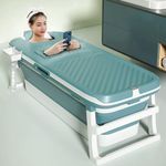 NUCARTURE Large Bathtub for Adults Foldable for bathroom 132L×62W×52H CM with Temperature Meter and Water tube Kids, Hot,cold Bath Tub Adult Portable and cold water mother and baby(Blue)