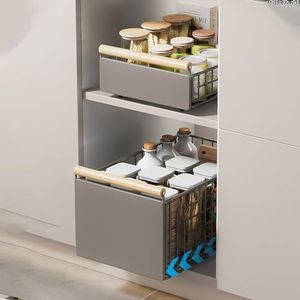 2 Pack Foldable Pull Out Cabinet Organizer with Wooden Handle, Collapsible Slide Out Cabinet Organizer for Kitchen, Slide Out Pantry Shelves Drawer Storage with Adhesive Nano Film for Pantry, Bathroom