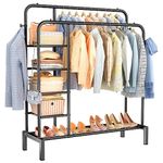 Tianqinuk Clothes Rail, Metal Clothes Rack, Assembled Clothing Rails with Double Pole, Multifunctional Garment Rack with Storage Shelves for Bedroom (Black)