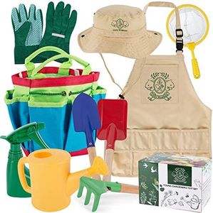 Little Wombats Kids Gardening Tools, 10 Piece Garden / Backyard Tools, Gloves, Apron, Rake, Hat, Shovel, Watering Can, Spray Bottle, Butterfly Net & Tote - Pretend Play for Boys & Girls Age 3-7