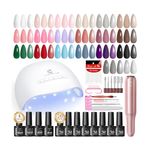 PEACECOLOR 33PCS Gel Nail Polish Set with Lamp and Drill Starter Kit, 20 Colours White Nude Pink Red Gel Polish Glossy Matte Glitter Top Base Coat Manicure Nail Art Home DIY Gift for Women
