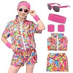 Forfamy Women 80s Sportswear Set, 6Pcs ColorBlock Windbreaker Sweatsuit Retro Tracksuit Outfit Short Sleeve Sweatband Glasses, Hawaiian, Medium