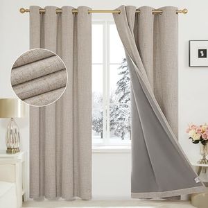 Deconovo Full Blackout Curtains 90 Inch Drop, Faux Linen Thermal Curtains with Coating, Energy Saving Eyelet Curtains for Living Room, 46 x 90 Inch(Width x Length), Taupe, One Pair