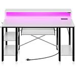 Rolanstar Computer Desk 55 inch with LED Lights & Power Outlets, Desk with Storage shelves, Home Office Desk with Keyboard Tray, Writing Desk with Monitor Stand, Work Study Desk for home office, White