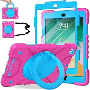 Andnary Case for iPad 6th/5th Generation 9.7 inch 2018/2017 Case, iPad Air 2/Pro 9.7 inch Heavy Duty Protective Cover with 360° Rotate Handle Stand, Pencil Holder, Shoulder Strap (Pink+Blue)