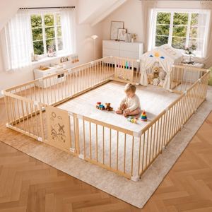 IKALIFE Large Wooden Baby House Playpen 16 Panels 92.52"*92.52"