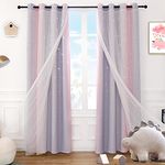 Anjee Pink Curtains for Girls Double Layer 2 in 1 Star Cutout Design Light Blocking Grommets Top Ombre Drape with Voile Sheer for Kids Bedroom Living Room 2 Panels Window Blackout Curtain 52 x 84 inch Long, Pink and Grey