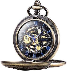 SIBOSUN Pocket Watch Mechanical Pocket Watches for Men and Women Steampunk with Chain Men's Vintage Skeleton Mens Hand Wind Wind Up Bronze Gift Blue Double Case Roman Numerals Antique