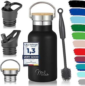 Milu Botella de acero inoxidable 350 ml, 500 ml, 750 ml, 1 l (+3 tapas) – Botella termo con paja, botella de agua, para bebidas calientes, frías y carbonatadas (negro, 350 ml)