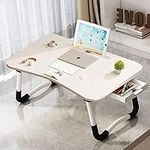 EAQ Laptop Bed Desk,Bed Table Portable Foldable Laptop Bed Tray Table with Cup Holder/Storage Drawer/Bookshelf Board for Bed/Couch/Sofa Working, Reading (White)