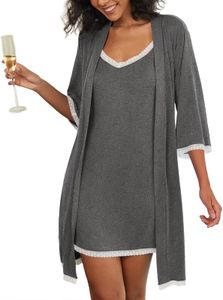 Ekouaer Women's Nightgown and Robe Set 3/4 Sleeves Robes 2 Piece Bathrobe Set V-neck Lace Cami Sleepwear with Pockets Dark Gray Medium