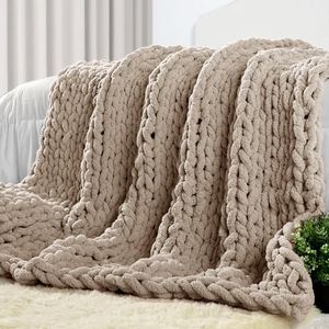 Carriediosa Chunky Knit Throw Blanket 50" X 60", 100% Hand Made Large Chenille Loop Yarn Soft Fluffy Throws for Couch Sofa Bed, Big Crochet Cozy Heavy Thick Cable Woven Blanket, Taupe