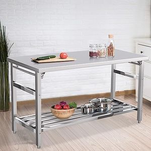 Stainless Steel Kitchen Work Table, 60 x 24 in Metal Commercial Food Prep Work Bench with Adjustable Shelf, Stainless Steel Folding Island Table for Kitchen, Restaurant, No Assembly