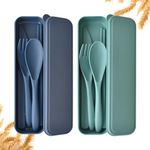 Travel Cutlery Set with Case, Wheat Straw Travel Utensils Spoon Knife Fork and Chopsticks, Portable Reusable Cutlery Set for Camping Picnic Birthday Work (Dark Blue + Dark Green)