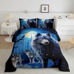 Feelyou Wolf Bedding Set for Kids Boys Girls 3D Print Wolf Comforter Queen Size Moon Wolf Comforter Set Bedroom Decor Wolves Howling Blue Quilt Set 3Pcs