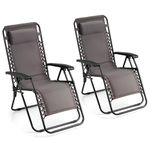 VonHaus Zero Gravity Chairs Set of 2 - Grey Reclining Sun Loungers for Garden - Padded Folding Sunloungers with Detachable Head Pillow - Fold Away 2 Set Deck Chairs for Outdoor, Patio & Decking