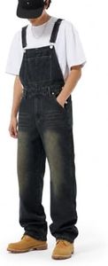 Huang's Mens Jean Overalls Baggy Loose Fit Vintage Washed Denim Bib Overalls with Adjustable Straps Distressed Wide Leg Retro Streetwear Casual Daily Jumpsuit for Men