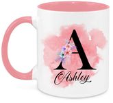 EKAM Personalised Mug, Coloured Inner and Handle Mug Stylish Initial with Name, Gift for Valentine’s, Birthday, Christmas Day for Mom, Dad, Kids, Friends or Girls, 11oz Coffee/Tea Cup (Light Pink)