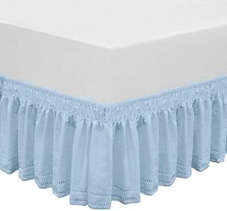 QSY Home Wrap Around Elastic Eyelet Bed Skirts 14 1/2 Inches Drop Dust Ruffle Three Fabric Sides Easy On/Easy Off Adjustable Polyester Cotton(Light Blue Queen/King)