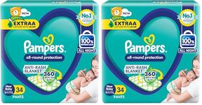Pampers All round Protection Pants, Newborn, Extra Small size baby diapers (0-5kg) 34 Count, Lotion with Aloe Vera (Pack of 2)