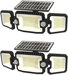 Solar Outdoor Lights 2 Pack, 305 LED 3000LM Solar Motion Sensor Wall Lights with Dual Sensor, Waterproof Solar Flood Lights Outdoor, 270° Wide Angle Security Lights with 3 Head Spot Lights