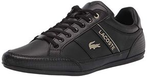 Lacoste Men's Chaymon Sneaker, Black/Black/Gold Leather, 12