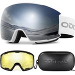 Odoland Ski Goggles Set with Detachable Lens, Interchangeable Lens, Anti-Fog 100% UV Protection Snow Goggles for Men and Women, Helmet Compatible, White Frame Silver Lens vlt 10%