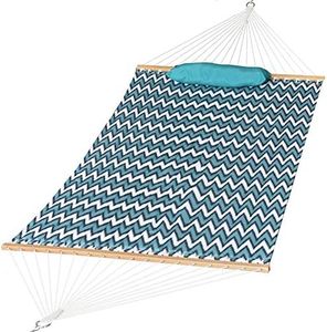 Prime Garden Quilted Fabric Hammock with Pillow, Hardwood Spreader Bars, 2 People (Wavy Stripe)