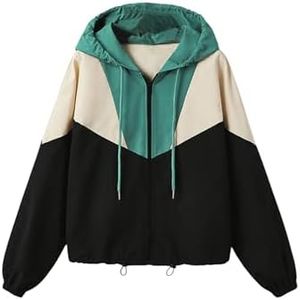 Floerns Women's Color Block Hooded Casual Thin Windbreaker Jacket Green Small