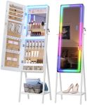 LVSOMT RGB LED Jewelry Mirror Cabinet, Standing Jewelry Armoire Organizer, Stand Up Full-Length Mirror with Jewelry Storage, LED Lighted Floor Mirror, 14 Lights + Dimmable + Adjustable Speed, White