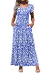 MOLERANI Summer Dresses Women Trendy Tulip Sleeve Maxi Dress Square Neck Long Dress,Blue White Flower,L