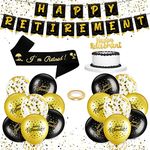 19 Pieces Retirement Party Decorations Black Gold Happy Retirement Banner Balloons I'm Retired Sash Gold Glitter Happy Retirement Cake Topper with Party Ribbon for Retirement Party Decoration Supplies