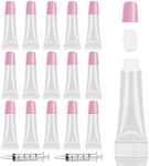 50PCS 10ml Lip Gloss Tubes Clear Empty Lip Balm Containers with Pink Cap Refillable Soft Cosmetic Squeeze Tubes for Lip Gloss Base Glitter Pigment Powder 2 Syringes + Tag Labels Stickers by AMORIX