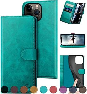 DuckSky Design for iPhone 15 Ultra 6.7" Genuine Leather Wallet case【RFID Blocking】【4 Credit Card Holder】【Real Leather】 Flip Folio Book Phone case Protective Cover Women Men Ultra case Blue Green