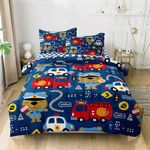 SIRDO Kids Cop Car Comforter Set for Little Boys, Fire Truck Police Car Bedding Set, City Traffic Bedding Collection Include (1 Comforter, 2 Pillowcases, 1 Fitted Sheet, 1 Flat Sheet), Blue