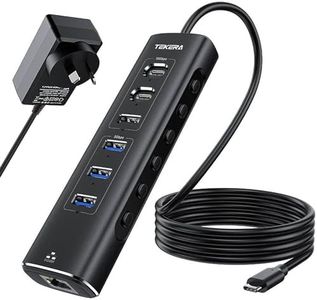 Powered USB Hub, TEKERA USB 3.2/USB C Hub with USB-A 3.2, 2 USB-C 3.2, USB 3.0, 1000Mbps Ethernet Ports, 10Gbps with Power Adapter, USB Port Expander for Laptop/PC