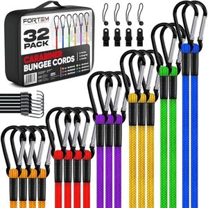 FORTEM Bungee Cords with Carabiner, 32pk 18" 24" 30" 36" 60" Tarp Ball Ties
