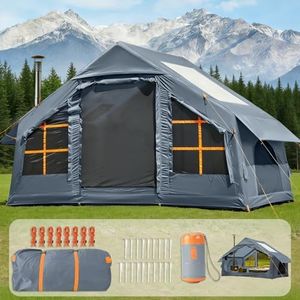 Inflatable Family Camping Tent, Big Blow Up Tent with Electric Air Pump, Inflatable Hot Camping Tent 4 Season Air Tent with Stove Jack, Waterproof Family Camping Tent for 2/4/6/8 Person,Grey