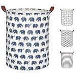 Sarmeley Washing Laundry Basket Bag, Thick Canvas Hamper Basket for Bedroom, Folding Washing Basket with Handle - Blue Elephant