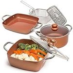 Moss & Stone Copper 7 pcs Set Chef Cookware Non Stick Pan, Deep Square Pan, Round Pot, Fry Basket, Steamer Tray, Dishwasher & Oven Safe, 5 Quart Copper Pot Set, Copper Induction Cookware Set