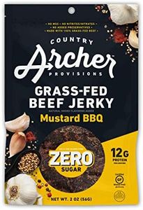 Country Archer Grass Fed Beef Jerky Mustard BBQ - Zero Sugar Beef Jerky, Sugar Free Beef Jerky Snack Pack, Mustard BBQ Beef Jerky Bulk, Individual Beef Jerky Pack, Gluten Free, Paleo- 2 oz (Pack of 6)