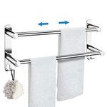 garini Stretchable Towel Rack, SUS304 Stainless Steel Towel Holder Adhesive Towel Barwith 2 Bars Hooks for Bathroom Kitchen Wall Mount, Silver