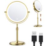 Anfauny 7" Lighted Makeup Mirror with Height Adjustable, Double Sided 1X/10X Magnification and 3 Color Lights, Vanity Rechargeable with 360° Rotation for Tabletop -Gold