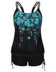 Hanna Nikole Tankini Swimsuits for Women Plus Size Tankini Top with Boy Shorts Swimwear Blue & Black Flower 16